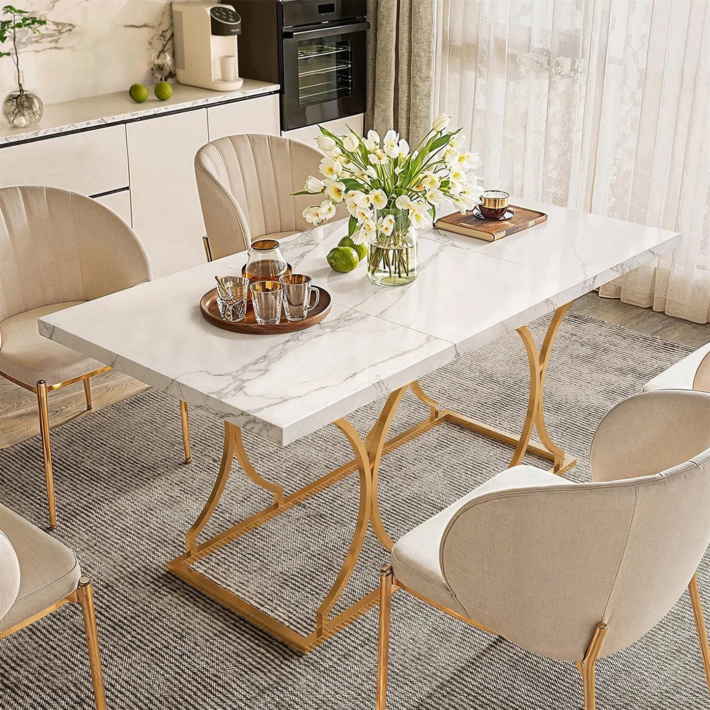 63” White Marble Dining Table with Gold Frame