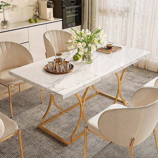 63” White Marble Dining Table with Gold Frame