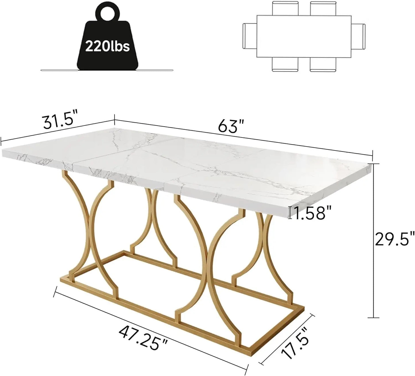 63” White Marble Dining Table with Gold Frame