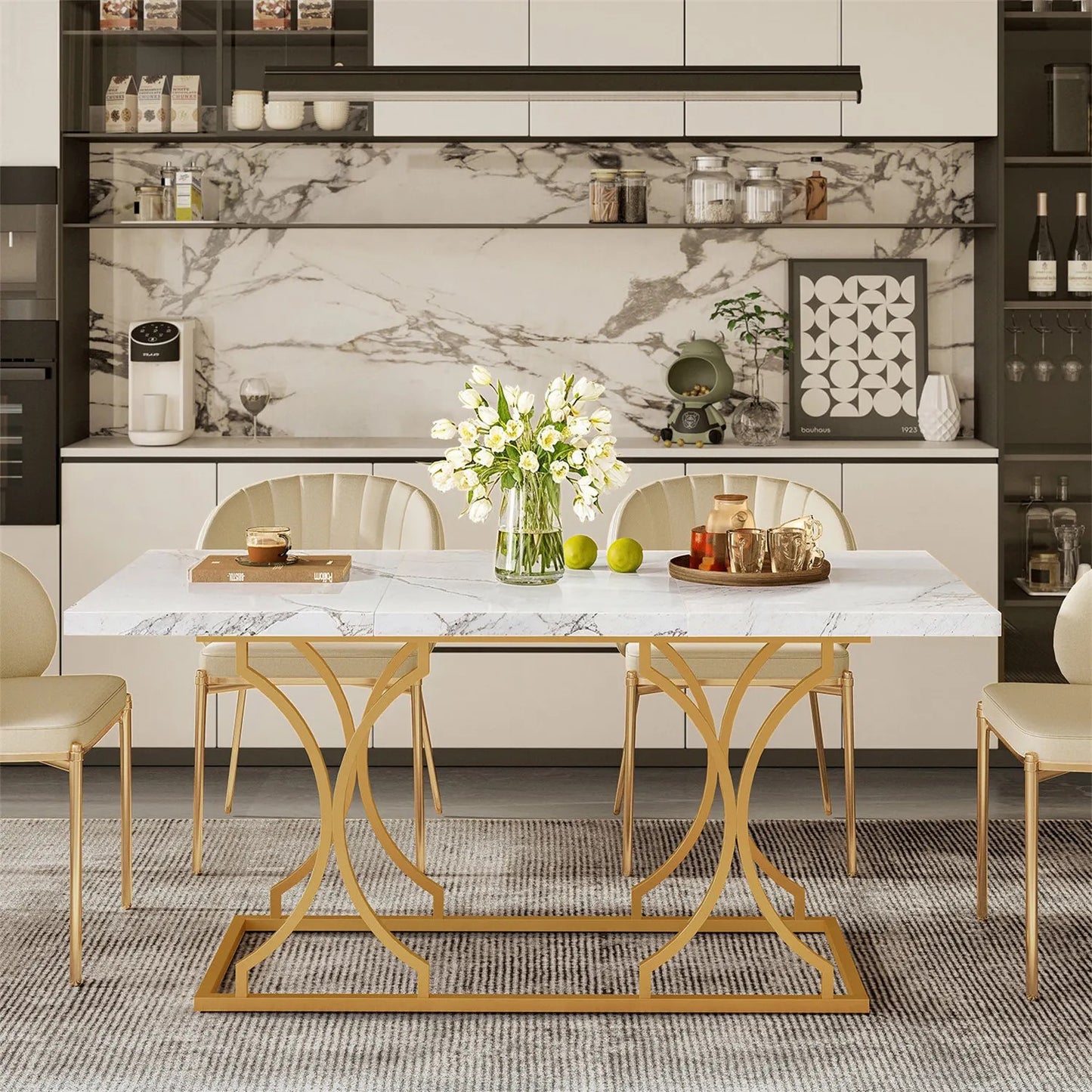 63” White Marble Dining Table with Gold Frame