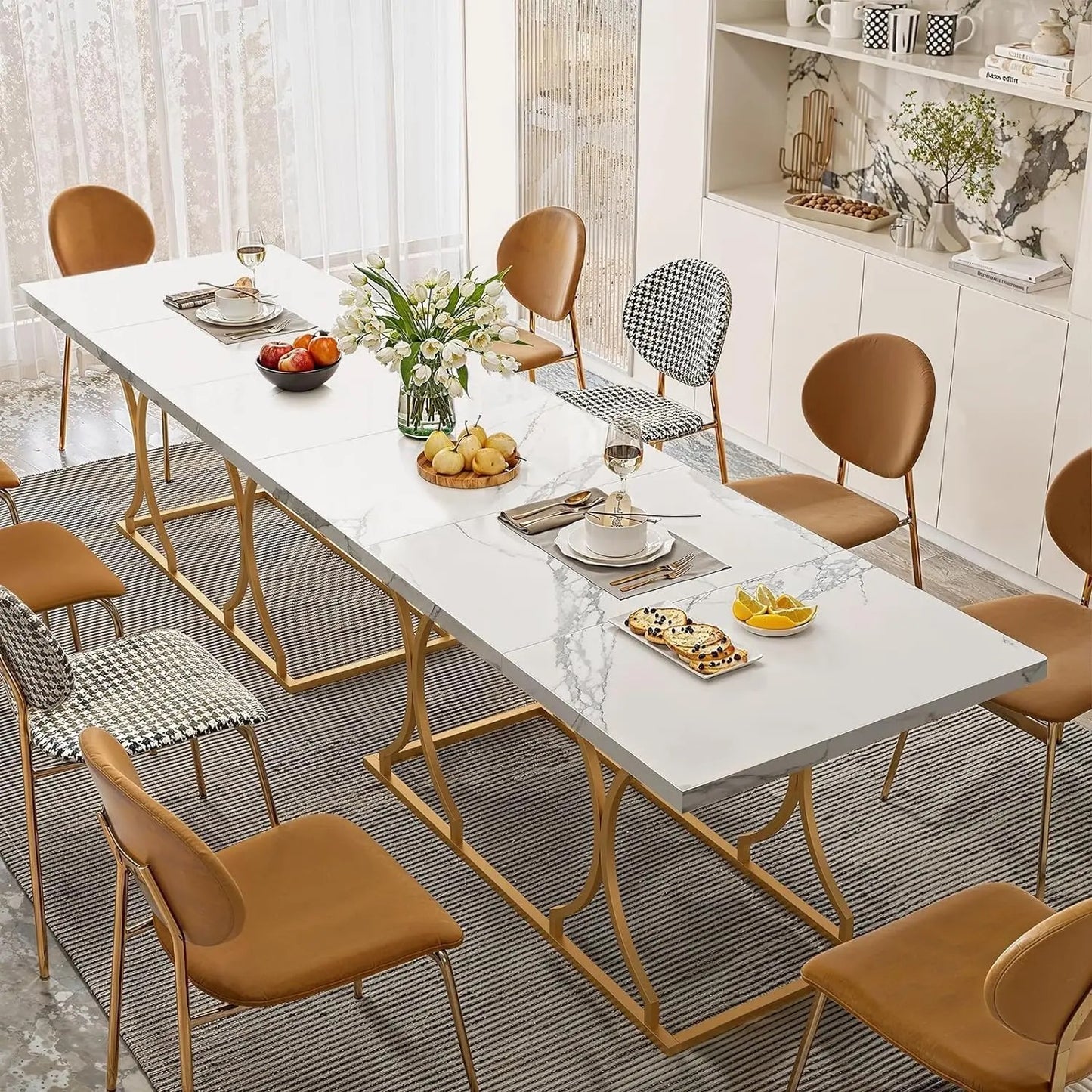 63” White Marble Dining Table with Gold Frame