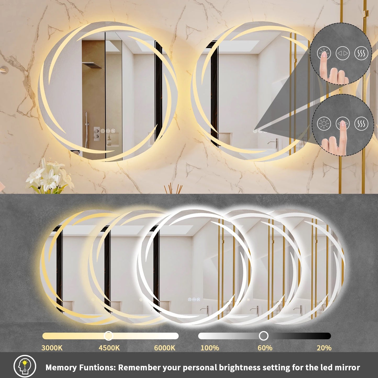 Anti-Fog LED Round Bathroom Mirror with Adjustable Lighting